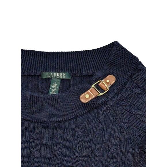 Navy Lauren By Ralph Lauren Cableknit Leather Buckle Sweater Size S - Picture 4 of 8